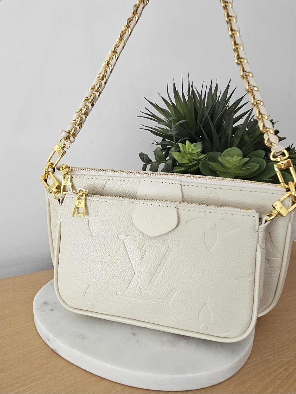 Designer Inspired Cream Monogram Shoulder Bag